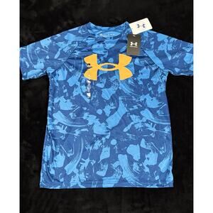 NWT Under Armour Tech Big Logo Printed Boys' Short Sleeve Shirt~Blue~Youth Large